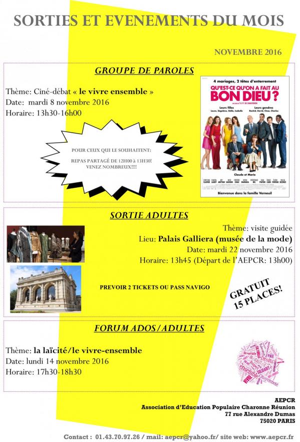 Sorties et evenements novembre 2016